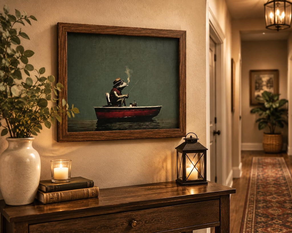 Framed Frog Fishing Wall Art Vintage Rustic Lake House Picture