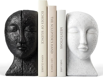 Heavy Duty Book Ends for Shelves, Solid Concrete Sculptural Faces Bookends for Heavy Books, Modern Decorative Book