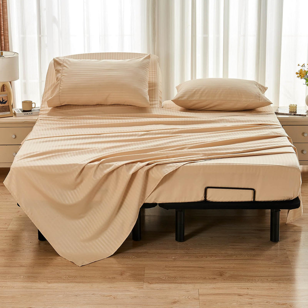 Striped Split Top Cal King Sheets Sets for Adjustable Bed Beige