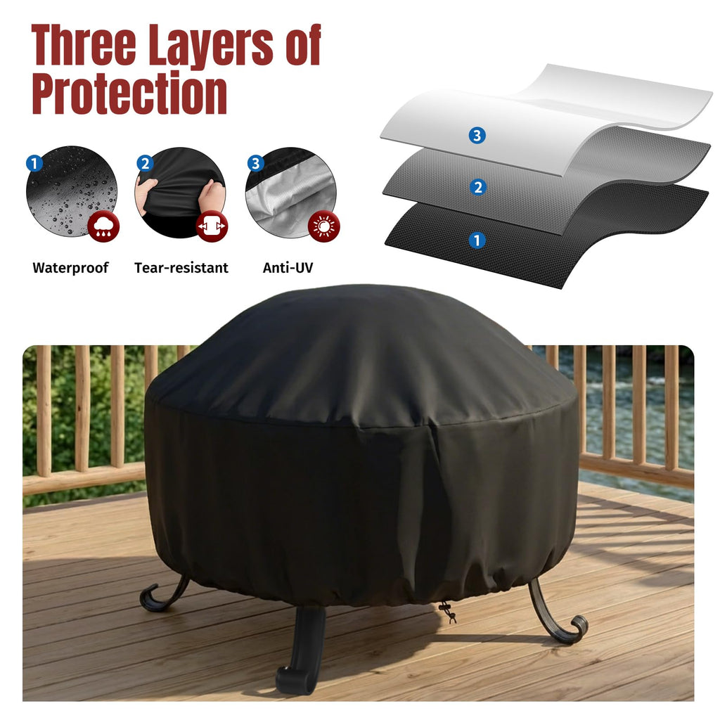 Fire Pit Cover Round 36 In, Outdoor Fire Pit Cover for 30-36 Inches Fire Pits, Windproof Drawstring & Waterproof