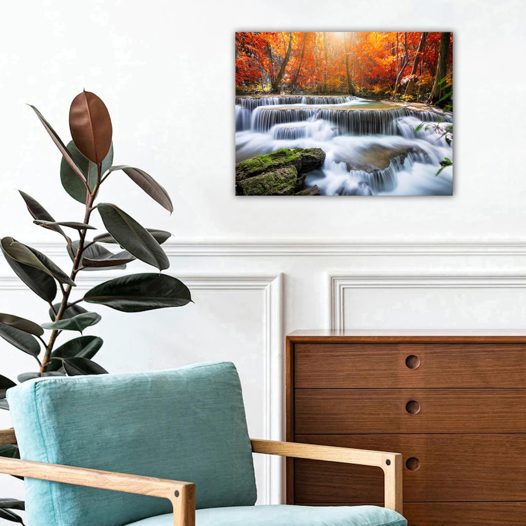 Fall Waterfall Canvas Wall Art Autumn National Park Scenery Picture Mountain Maple Trees Prints Bedroom Wall Decor