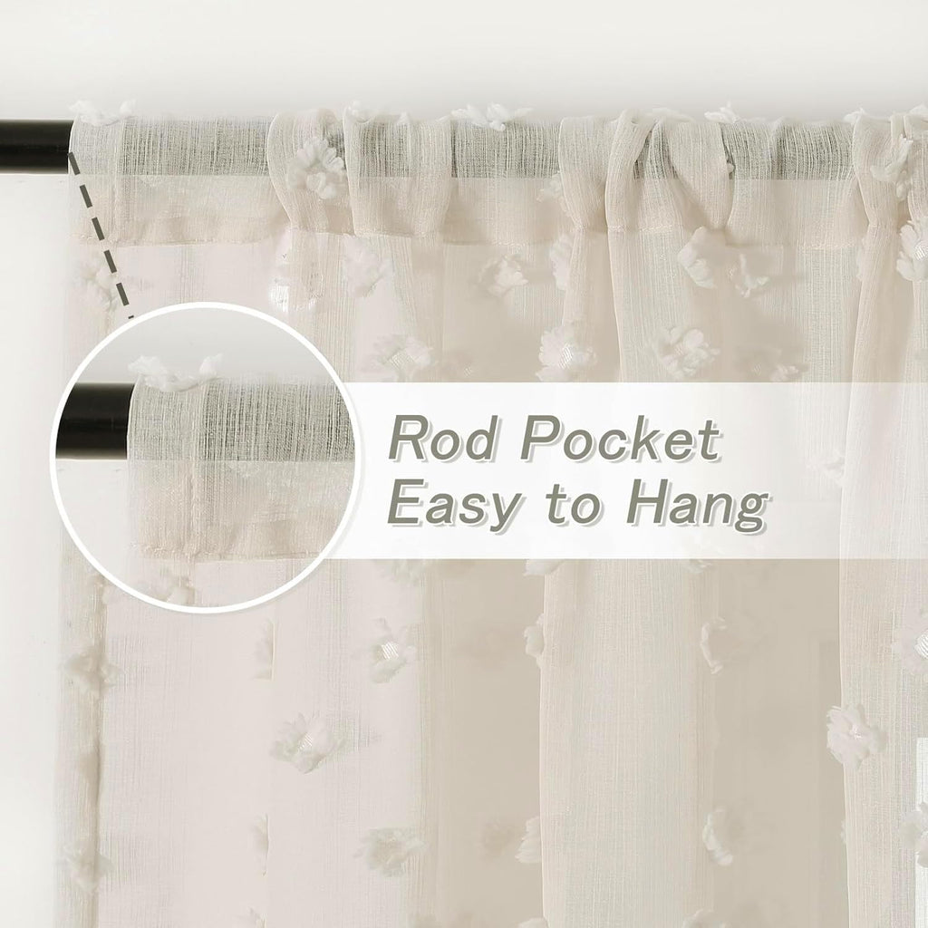 Beige Boho Sheer Curtains with Cream Pom Pom 36Wx63L, 2 Panels