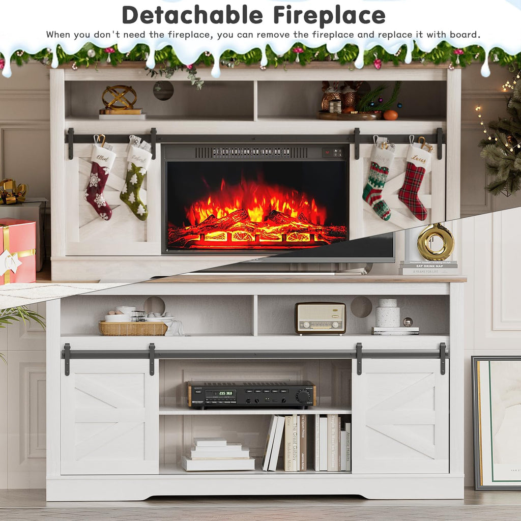 For TVs up to 65", Farmhouse Media Console, White | White Electric Fireplace TV Console with Storage Cabinets &