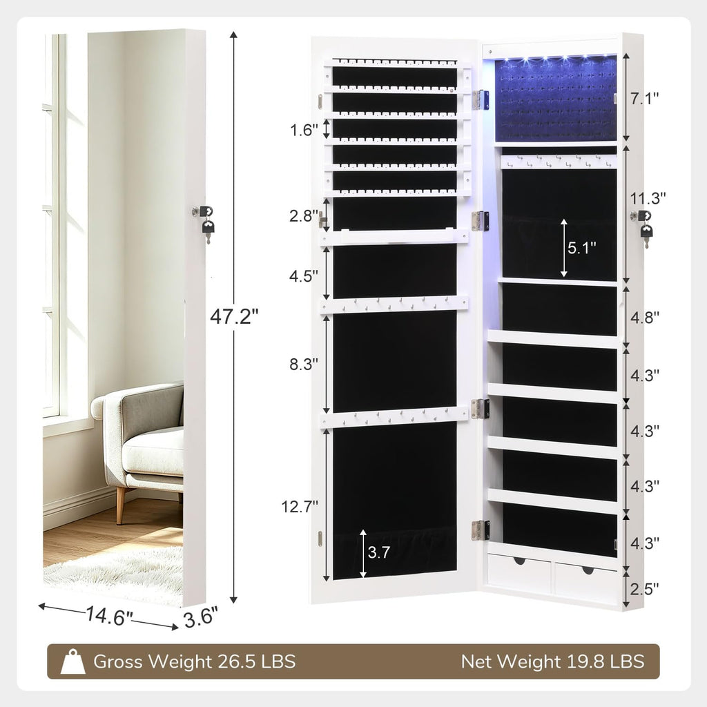 Mirror Jewelry Cabinet, Wall & Over The Door Mount Jewelry Organizer Storage, Jewelry Armoire with Auto LED Lights
