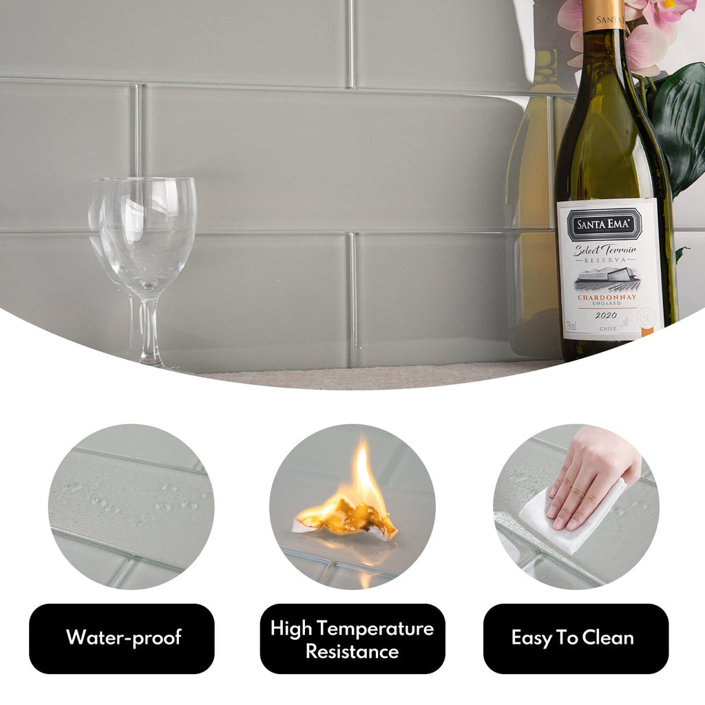 Warm Grey Glass Subway Tile, Glass Kitchen Shower Backsplash Wall, 4 x 12 Inches, 4 Sq.Ft.