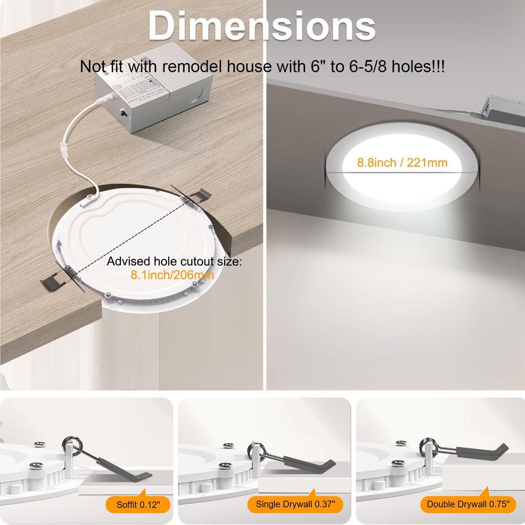 12 Pack 8 Inch LED Recessed Lighting with Junction Box Ultra-Thin, 3000K/4500K/6000K Selectable, 8" Dimmable Canless