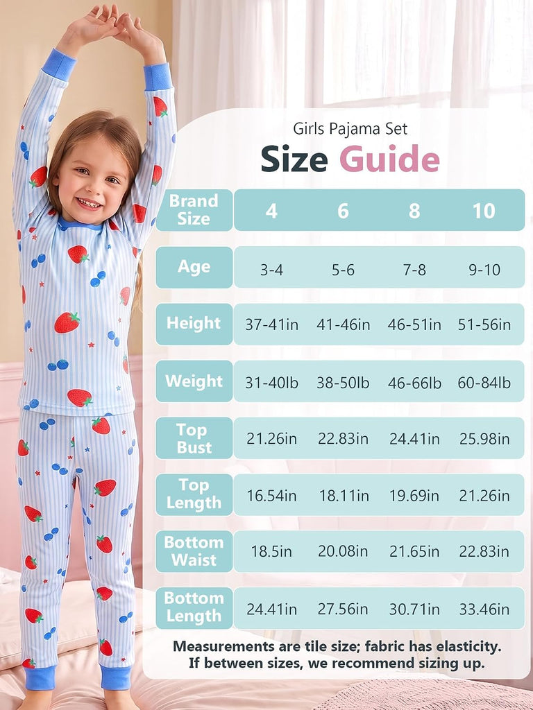 Girl Pajamas Viscose Long Sleeve Sleepwear Snug-Fit Kids Pjs Clothes