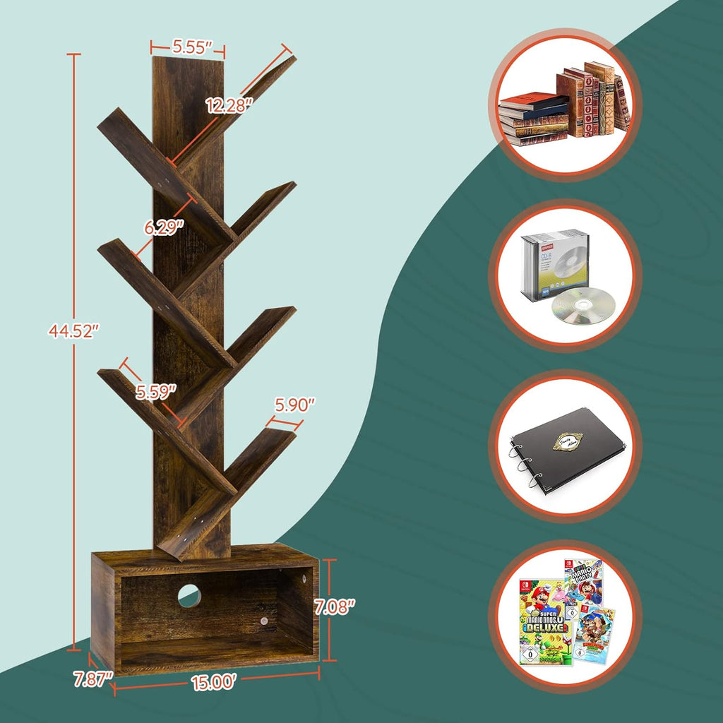 Tree Bookshelf - 6 Shelf Retro Floor Standing Bookcase, Tall Wood Book Storage Rack for CDs/Movies/Books