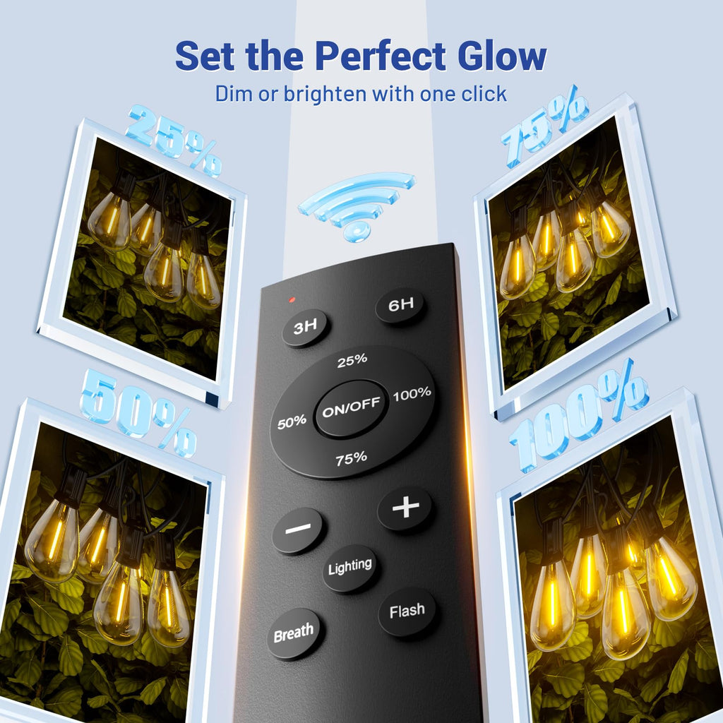 Outdoor String Lights with Remote & Dimmable, 72+2 Shatterproof Waterproof Bulbs, Dimmable Outside Hanging
