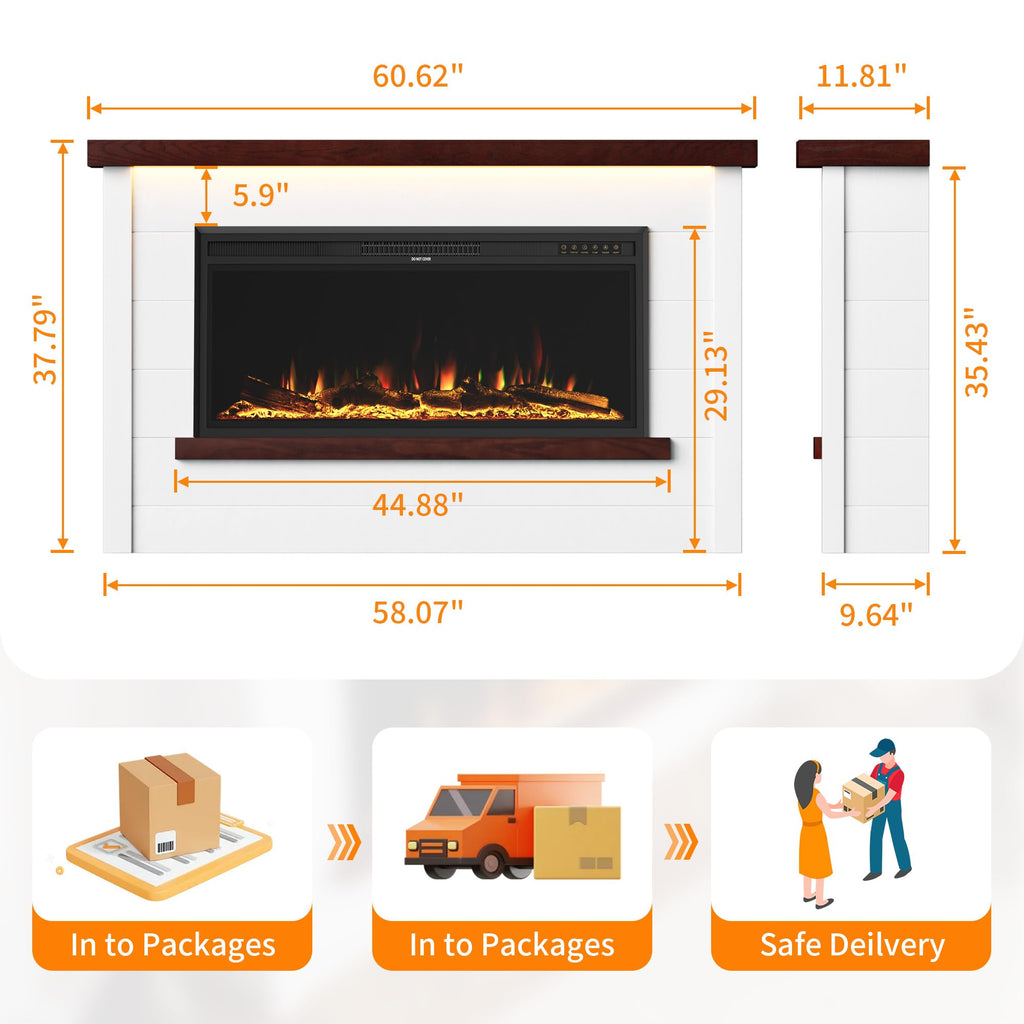 60" Electric Fireplace with Mantel, Fireplace TV Stand with 42"Electric Fireplace Heater, Shiplap-Style Surround with