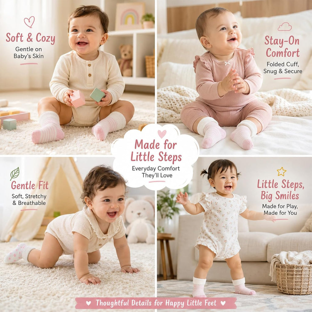 6 Pairs Cotton Baby Girl Socks with Grips Non Slip Toddler Infant Socks Terry Turn Cuff