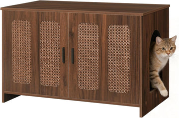 Farmhouse Cat Litter Box Enclosure, Hidden Litter Box Furniture with Side Entry & Vents, Litter Box Cabinet