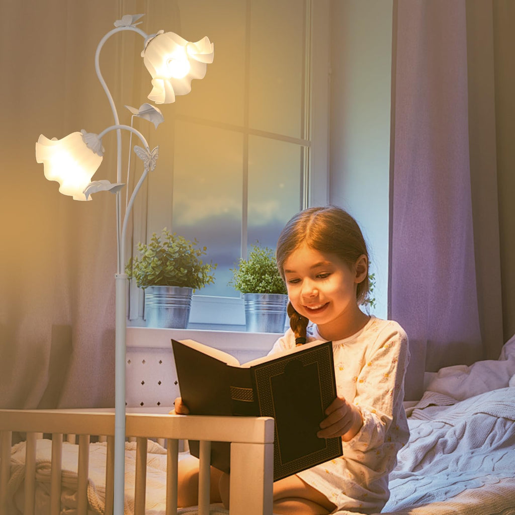 White Flower Standing Lamp, Floral Tall Lamp with 2 LED 5W Blubs, Foot Switch, Modern Corner Floor Lamp with Acrylic