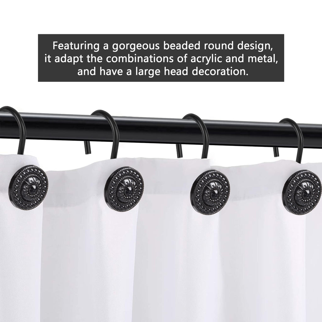 Black Shower Curtain Hooks, Rust Proof Decorative Shower Curtain Rings, Shower Curtain Hooks for Shower Liner, 12Pcs