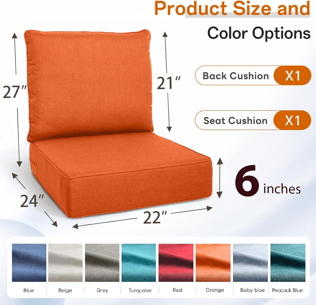Luxury Outdoor Seat Cushion Set-22 x 24 x 6 Inch Outdoor Chair Cushions with Water Resistant & Removable Cover