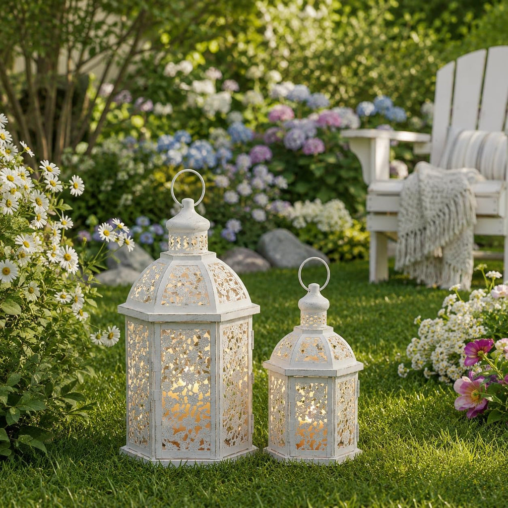 Lanterns Decorative Outdoor&Indoor, Set of 2 (15"&7") White Metal Lantern Decor, Candle Holder for Porch, Patio