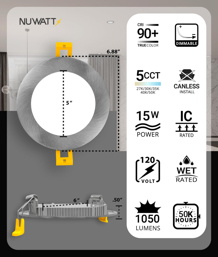 Canless 6 inch Brushed Nickel LED Recessed Lights, 2700K-5000K, 6 PK