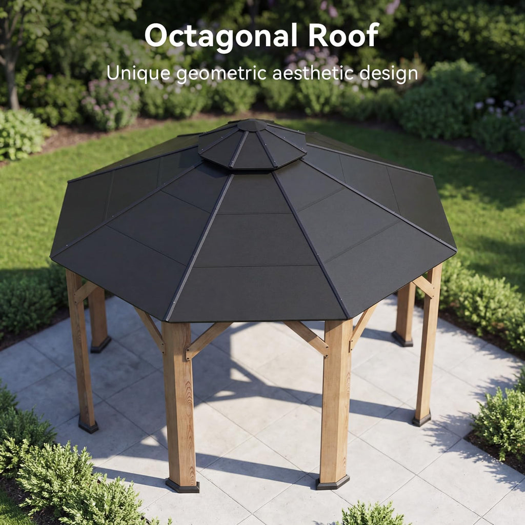 13' x 13' Outdoor Wood Octagon Gazebo, Hardtop Gazebo Permanent Wooden Pavilion with Galvanized Steel Double Roof