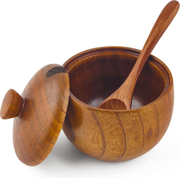 Wooden Salt Cellar with Lid and Spoon 5.7 oz Kitchen Wooden Salt Box for Sea Salt,Spices and Herbs() - Set of 2