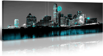 Dallas Texas Skyline Canvas Wall, Black White City Decor, 14x48 inch