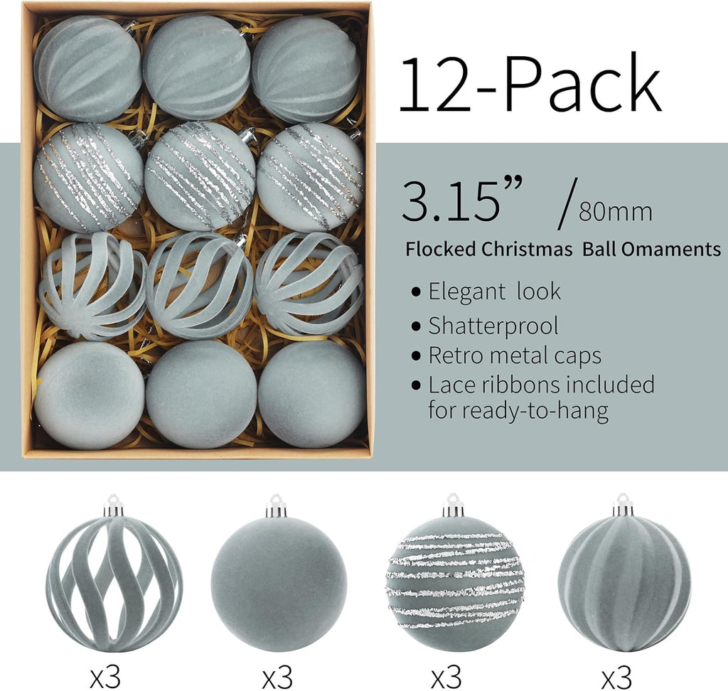 Ornaments Set of 12, 3.15", Dusty Blue Flocked Velvet Balls