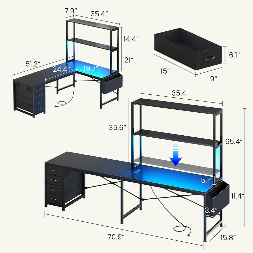 L Shaped Gaming Desk, 51.2" Reversible Small Corner Desk with 4 Drawer, Power Outlet & LED Lights, Home Office Desk