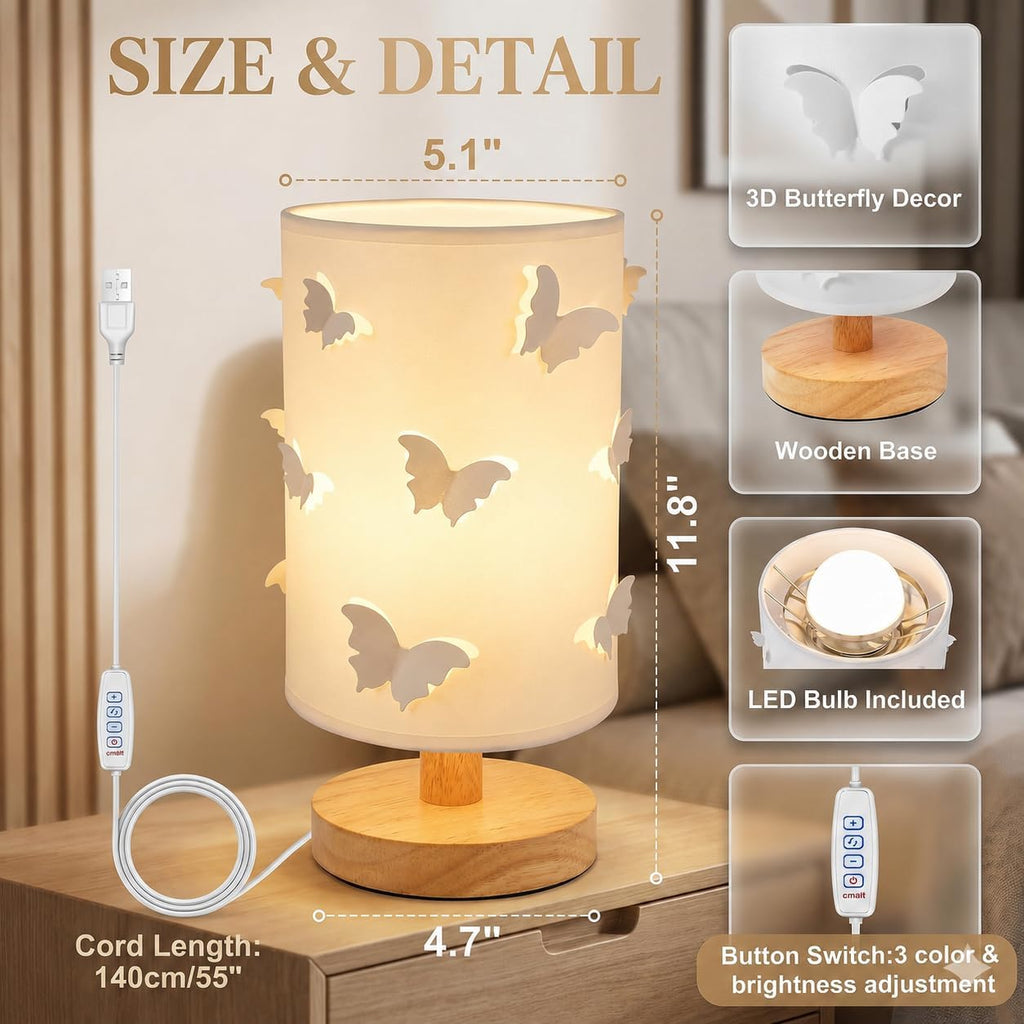 Dimmable Butterfly Lamp for Kids Room, Wood Bedside Lights,Kids Lamp