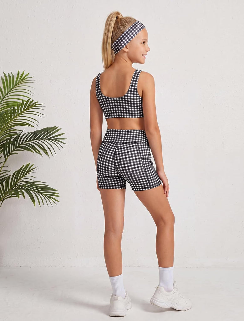 Girls Gingham Workout Set 2 Piece Athletic Dance Set for Kids Activewear