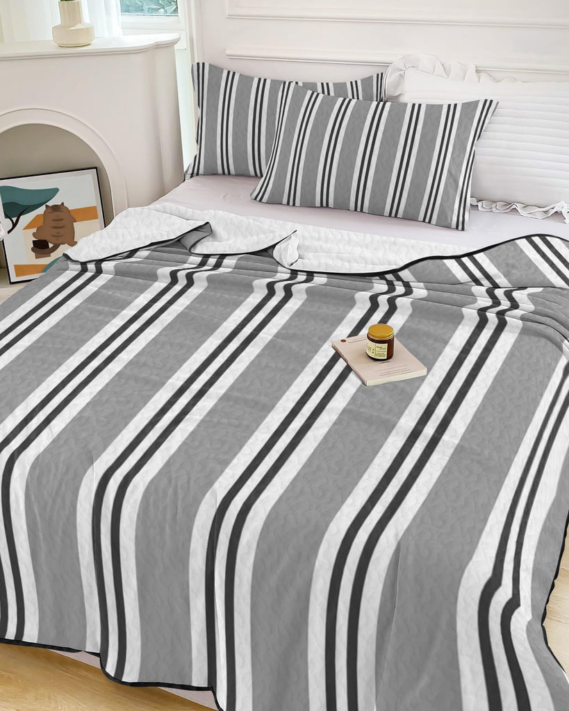 Gray Black and White Stripe Pattern Quilt Set 3 Pieces Quilted Bedspread- Soft, Neutral Ticking Stripe