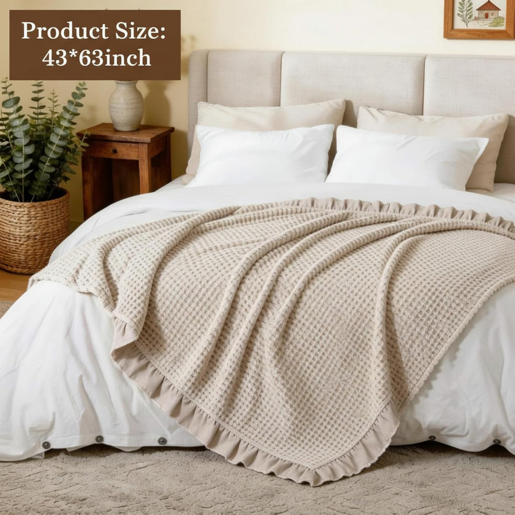 Waffle Weave Blanket 43" x 63" 100% Cotton Neutral Boho Farmhouse Woven Knitted Beige Throw with Ruffles Warm Soft