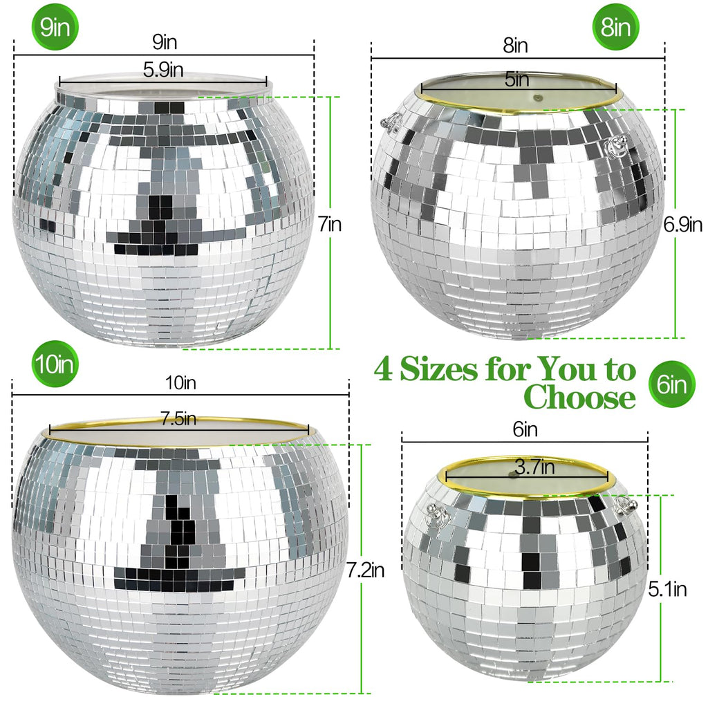 8" Silver Disco Ball Planter with Hanging Rope, Hanging Chain, Hook, Circle