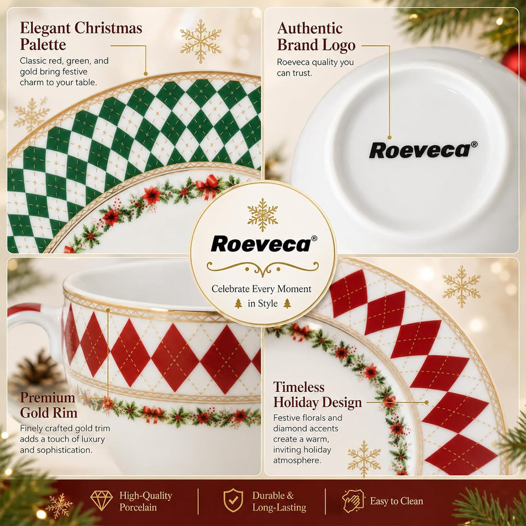 Christmas Argyle Real Gold Trim Porcelain Dinnerware Set, Piece Service for 8 Plates Bowls Mugs