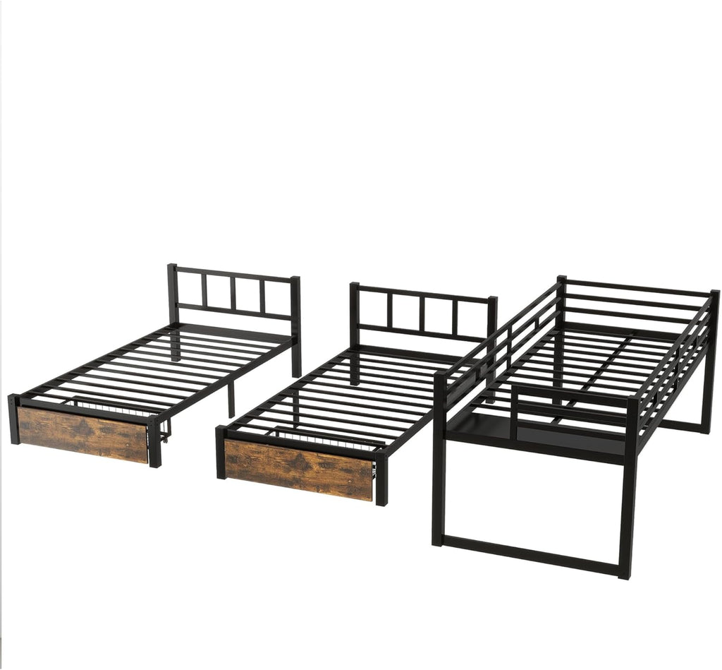 Triple Bunk Bed for Kids,Detachable TwinXL Over Twin Over Twin Metal Bunk Bed with Guardrails,Ladder &