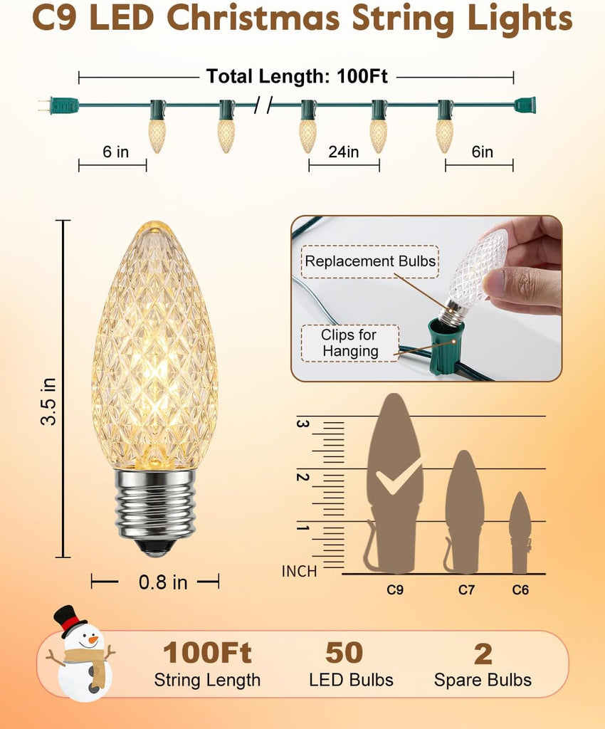 C9 Christmas Lights Outdoor, 100 FT Commercia Christmas Lights with LED Strawberry Bulbs, UL Certified for Christmas