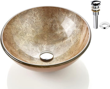 Honeysuckle Series Round Tempered Deco Glass Vessel Bathroom Sink | Top Mount Sinks Above Countertop |Handicraft