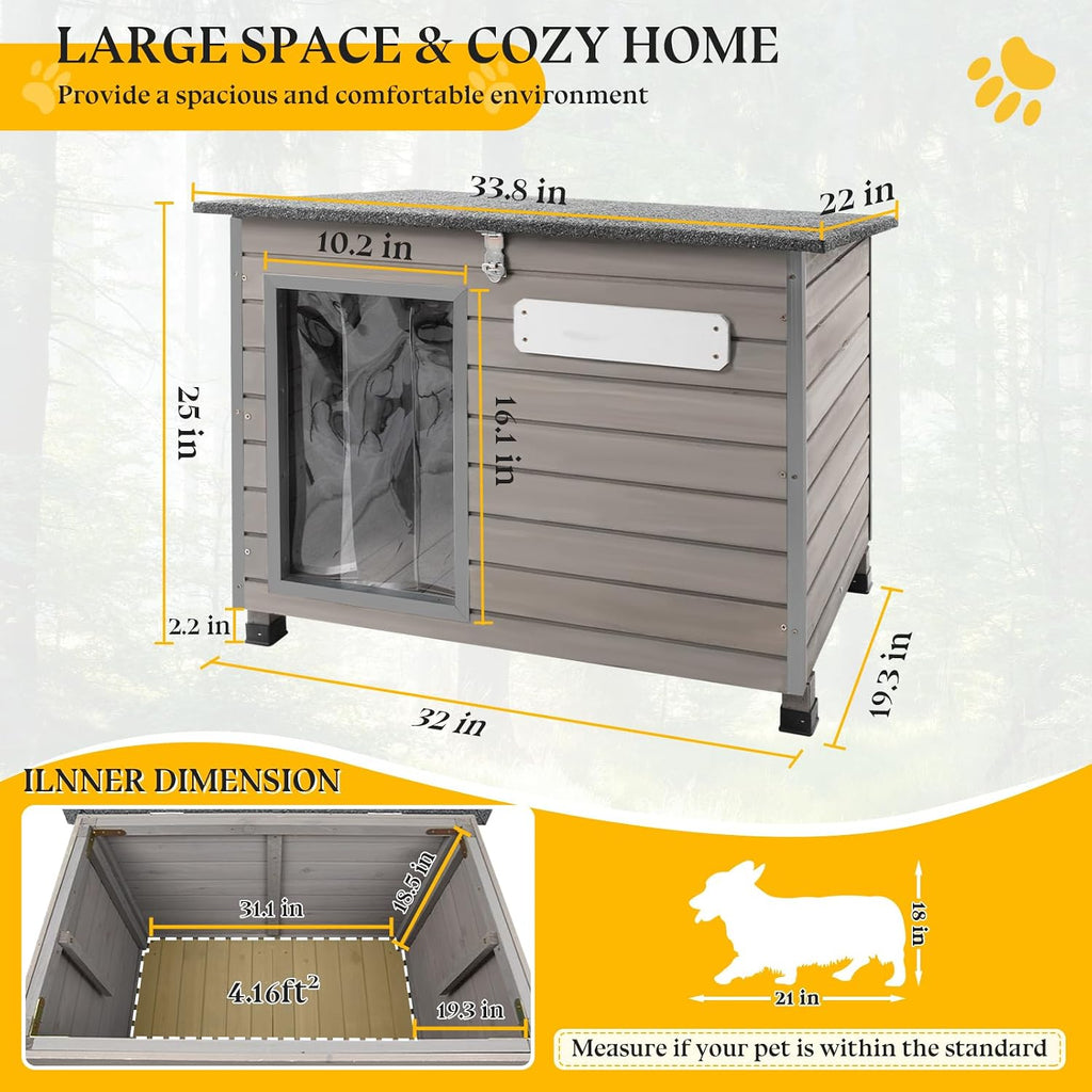 Dog House Outdoor, Chew-Proof Iron Frame Dog Kennel Weatherproof Natural Fir Wood Dog Houses with Removable