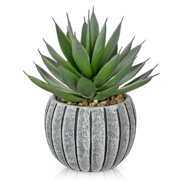 Artificial Aloe Succulent Plant in Aged Cement-Look Ceramic Pot - 8" Tall Faux Agave Plant with Decorative Pebbles