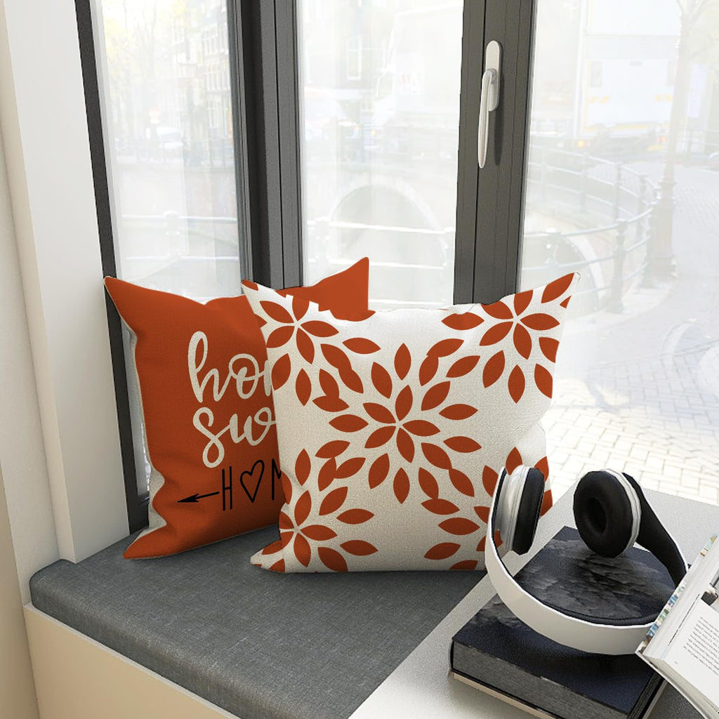 Burnt Orange Linen Pillow Covers 20x20 Set of 4, Home Sweet Home Farmhouse Throw Pillow Covers, Holiday Decorative