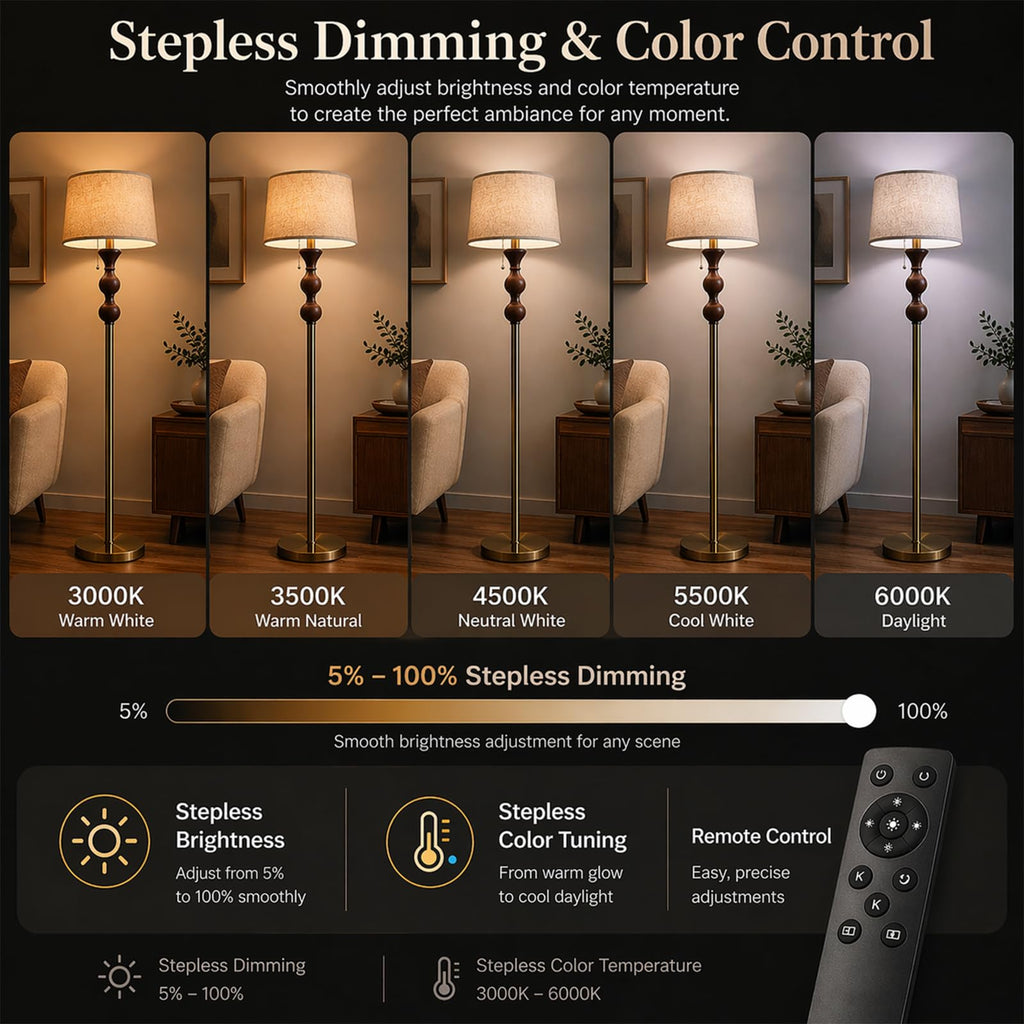 Wood & Brushed Floor Lamp with Pull Chain Switch & Remote Control, Sculptural Standing Lamp, Dimmable 3 Color