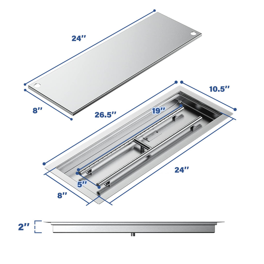 Rectangular Stainless Steel Fire Pit Pan & Burner, 24x8 Inch