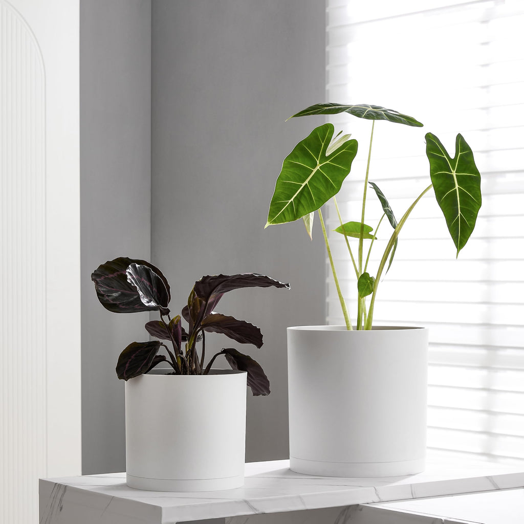 14-Inch Large Modern Cylinder Planter, Thick-Walled Plastic Plant Pot with Drainage Holes and Detachable Saucer