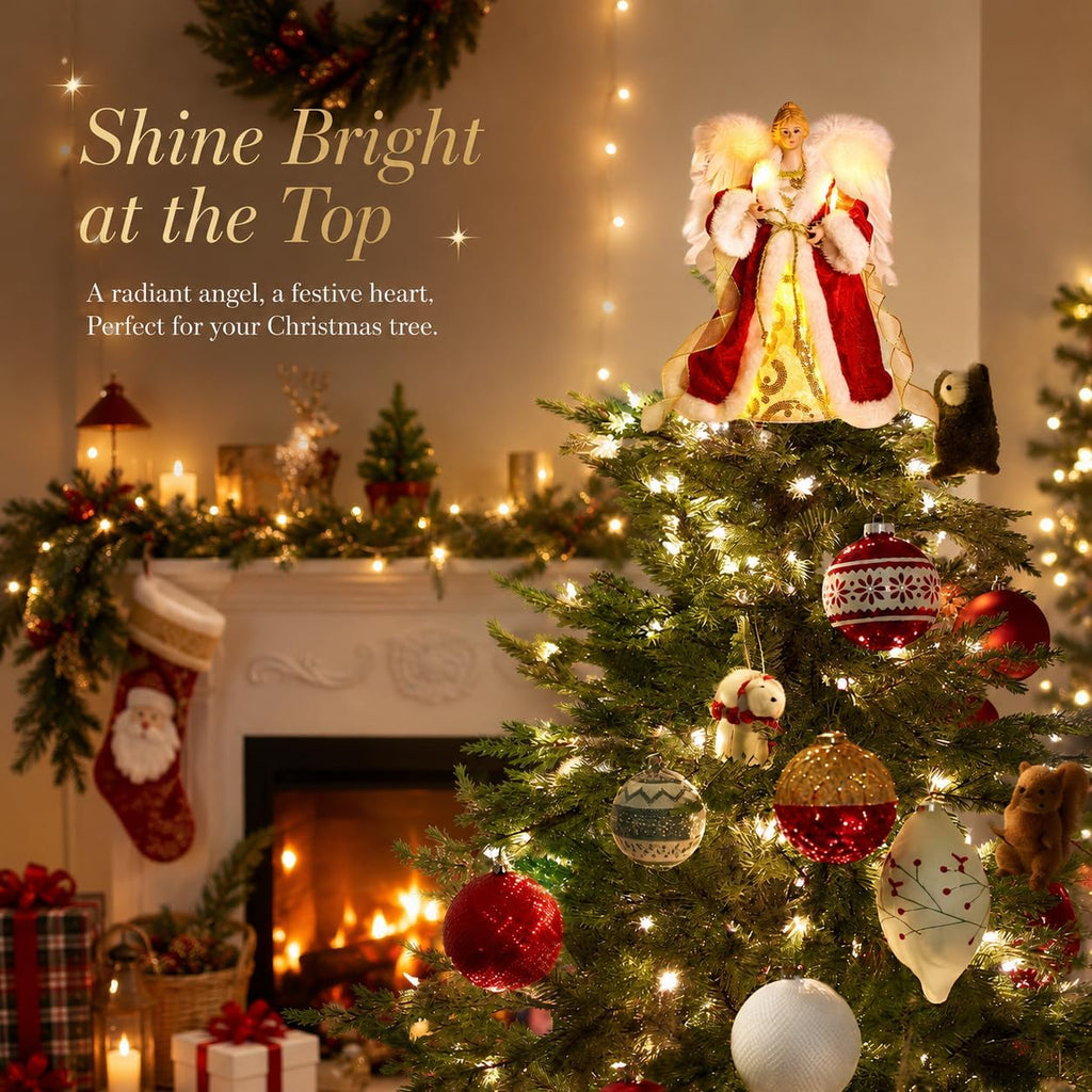 Lighted Christmas Angel Tree Topper, Holiday Tree Decoration, Red Angel