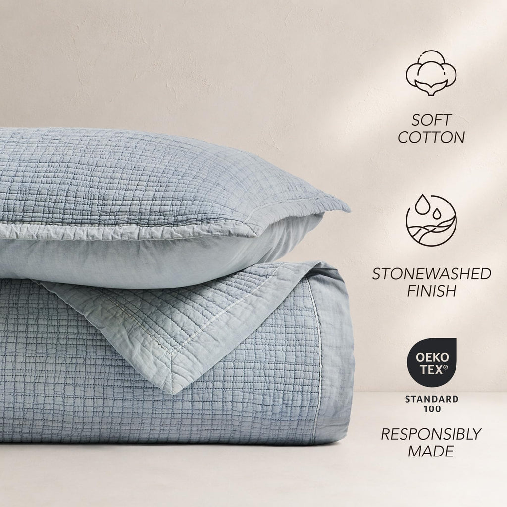 Stonewashed Textured Cotton Quilt Set, Blue Linen