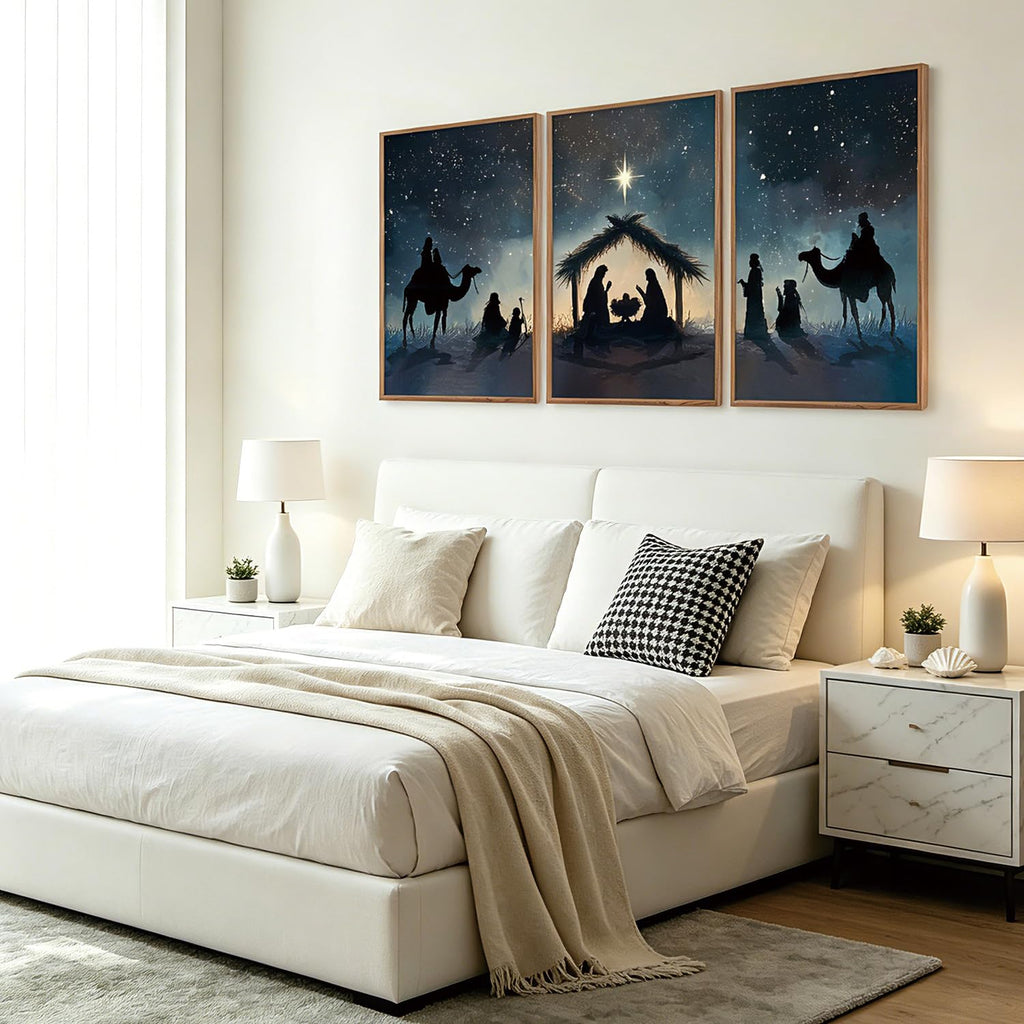 Framed Nativity Scene Decor, Starry Night Christmas Religious Prints