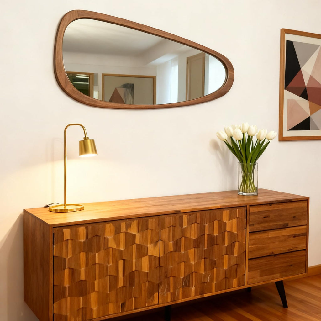 22''x48'' Asymmetrical Mirror with Wood Frame, Small Irregular Wall Odd Shaped Mid Century Modern Mirror Christmas
