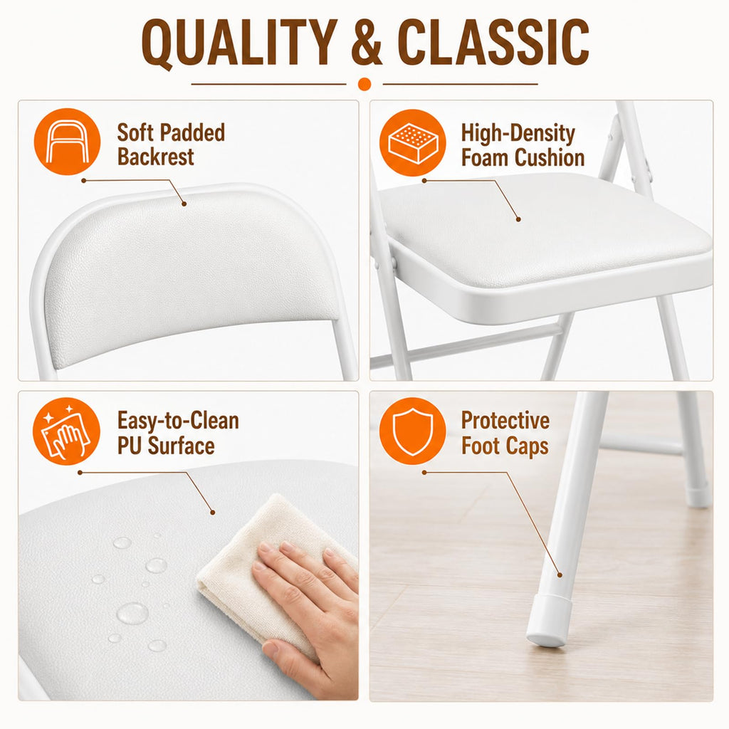2 Pack PU Leather Folding Chair with Padded, White