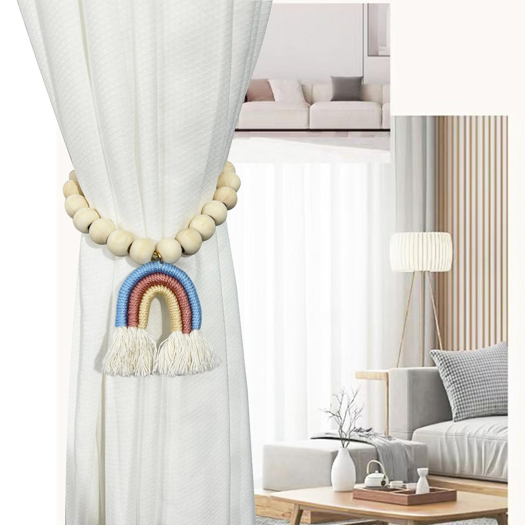 Wooden Beaded Curtain Tiebacks, Tassel Curtain Buckles Magnetic Curtain Buckles, Rainbow Tassel Curtain - 2 Pieces