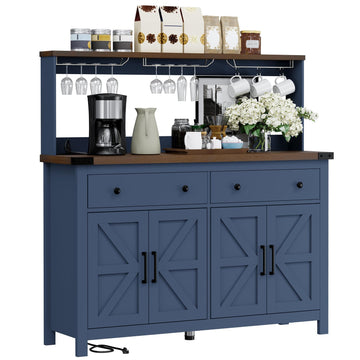 Hutch Storage Buffet Cabinet with Drawers, and Charging Station, Coffee Bar Cabinet with Barn Doors, Wine Rack and