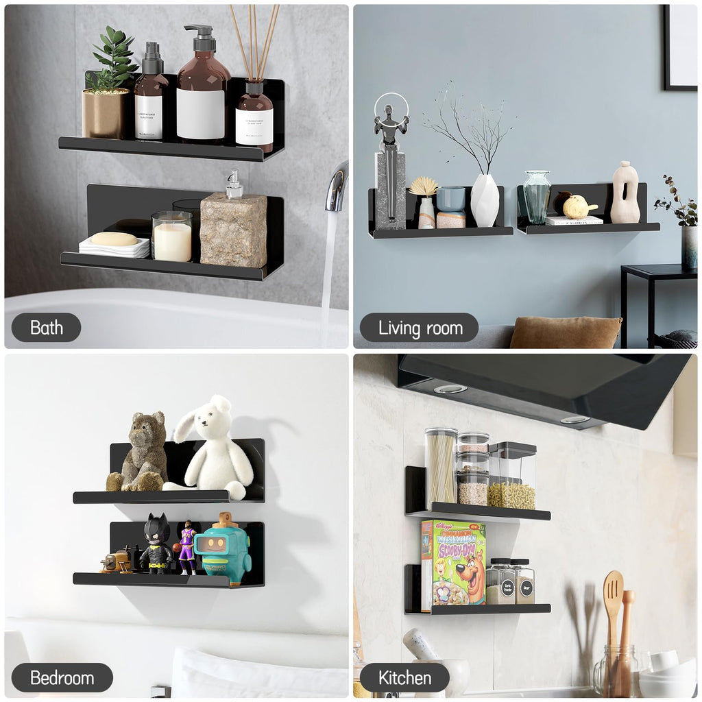 Acrylic Floating Shelves for Wall No Drilling, Self Adhesive Space-Saving Shelves, 12 Inch Floating Shelf Stick on