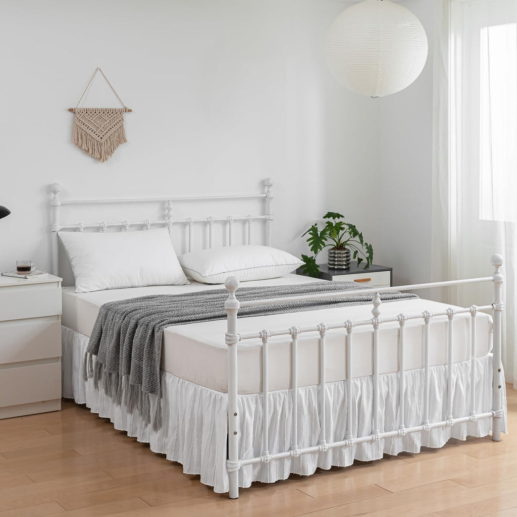 Bed Skirt Queen Size, Ruffled Bed Skirts 14 Inch Drop, White | Striped Boho Tufted, with Split Corners, Easy Fit